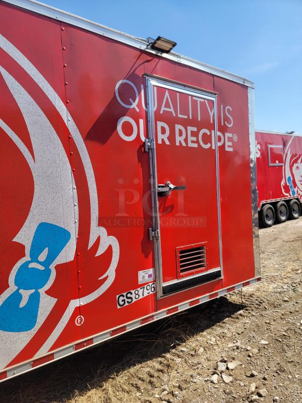 Red food truck with logo and "Quality is Our Recipe" text. Features a stainless steel door, vent, and license tag GS8796.
