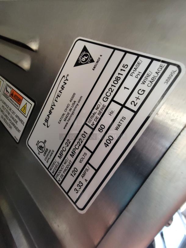 Henny Penny model MPC-22 appliance label. Serial no. GC2108115. 120 volts, 400 watts, UL listed. Made in USA.