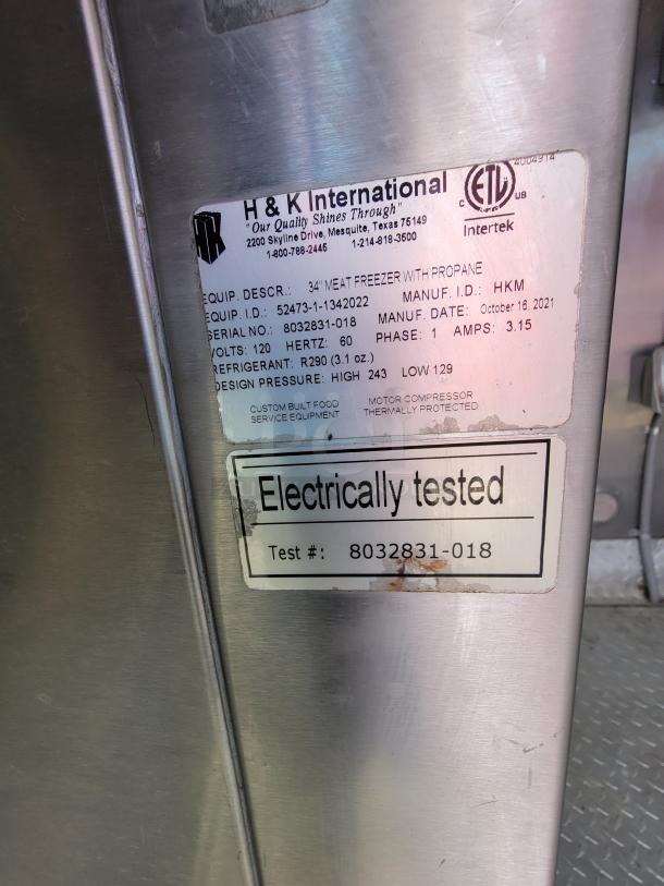 H&K International 34" meat freezer. Serial: 8032831-018, electric tested. Uses R290 refrigerant. Manufactured 2021.