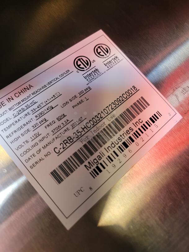 Migali Industries vertical cooler label; Model C-2RB-35HC; temp: 33-45°F; refrigerant: R290; made 2021; indoor use.