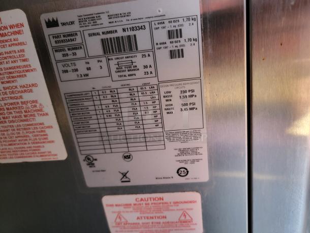 Taylor model 359-33 machine label showing serial number N1103343, specifications, and electrical details.