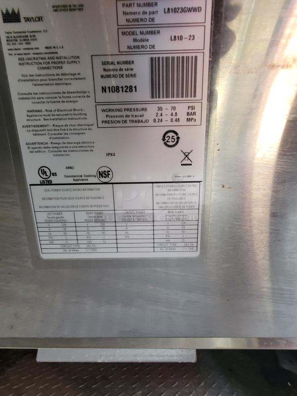 Taylor commercial appliance label displaying model L810-23, serial N1081281, specs, and certifications.
