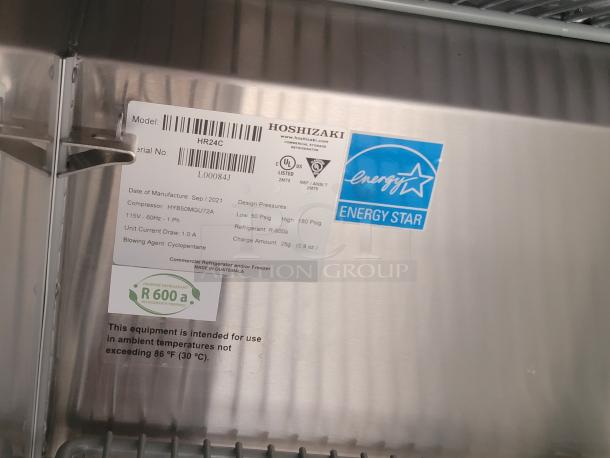 Hoshizaki HR24C refrigerator, Energy Star certified, model info and specifications label, made in Sep 2021.