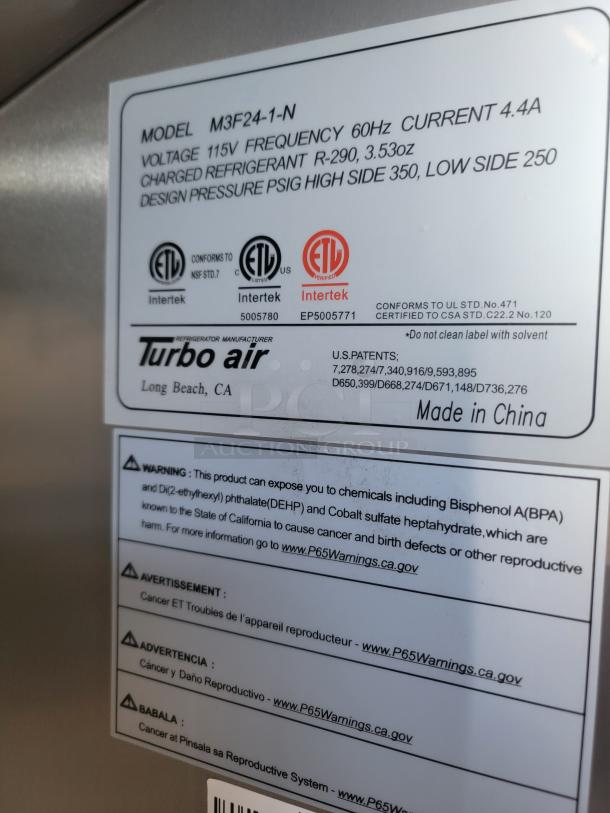 Turbo Air refrigerator label, model M3F24-1-N. 115V, 60Hz, 4.4A current. Uses R-290 refrigerant. Made in China. Warning of chemical exposure.