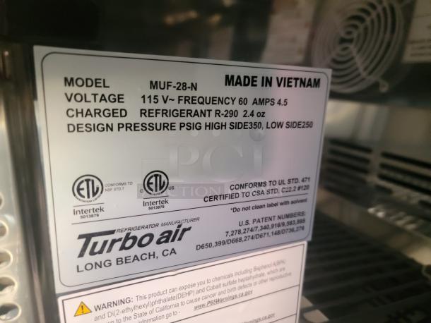 Turbo Air MUF-28-N label, 115V, 60Hz, 4.5A, refrigerant R-290, design pressure 350/250. Made in Vietnam, ETL certified.