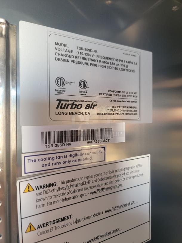 Turbo Air refrigerator label, model TSR-35SD-N6, voltage 110-120V, refrigerant R-600a, warning labels, and digital fan info.
