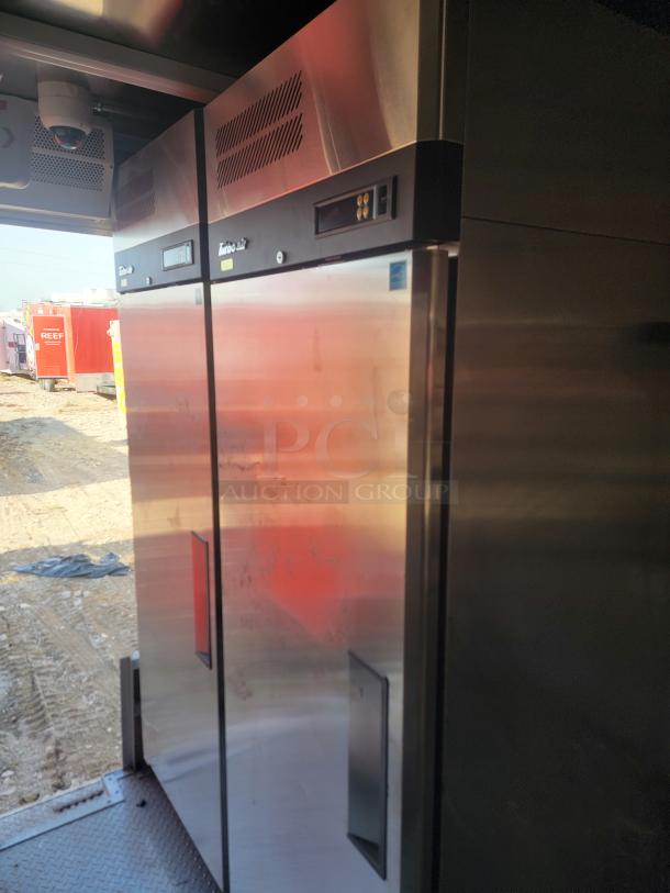 Industrial stainless steel refrigerator, Turbo Air brand, twin-door design, digital display, good condition.