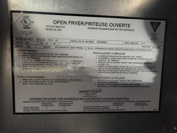 Alt text: Henny Penny open fryer label showing model EEG-253 FFFX ST, 225000 BTU, gas-fired, made in USA, patent pending.
