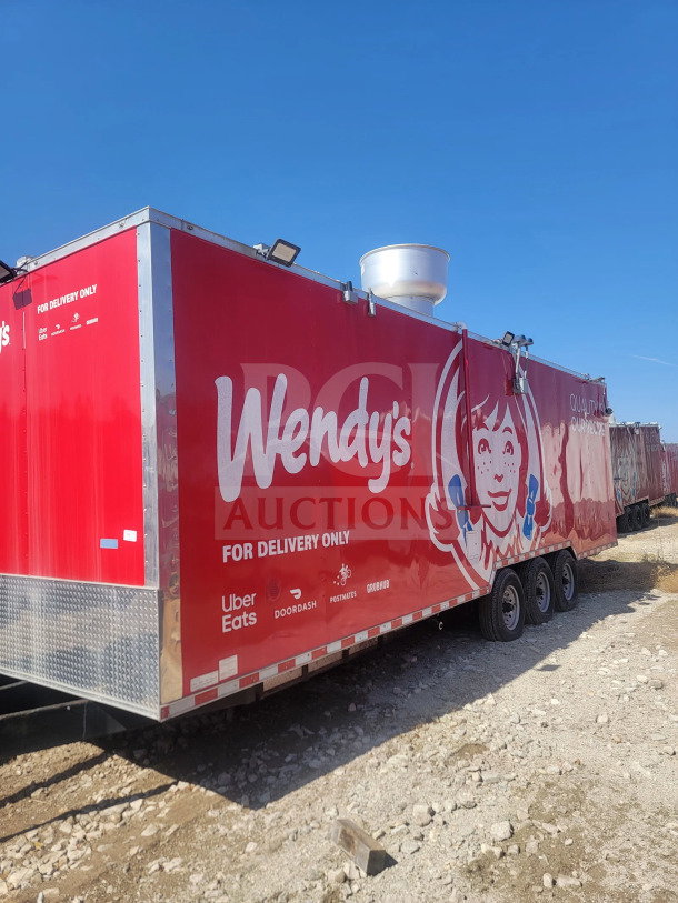 2021 Rock Solid Cargo 8.5' x 28' triple-axle mobile kitchen trailer, red with Wendy's branding, full kitchen suite.