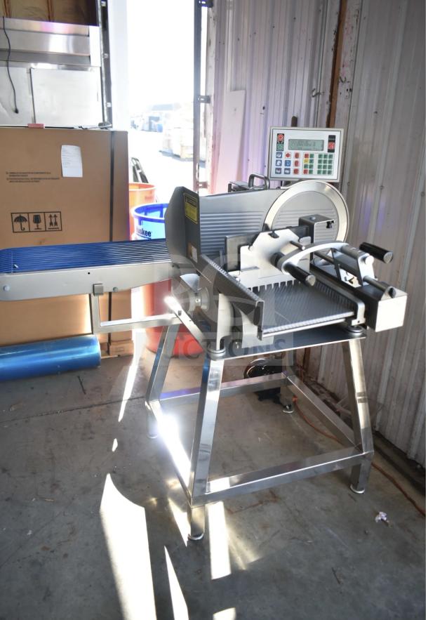 Brand new Jaccard VA4000ATGRT meat slicer, with conveyor system and digital controls, in excellent condition.