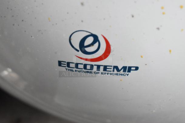 Close-up of Eccotemp logo with the tagline "The Future of Efficiency" on a white surface.