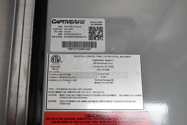 CaptiveAire Systems control panel with technical labels and contact info, including ETL certification details and safety instructions.
