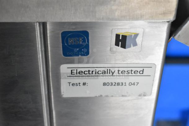 NSF and HK stickers, indicating electrical testing, with test number 8032831 047 on kitchen equipment.