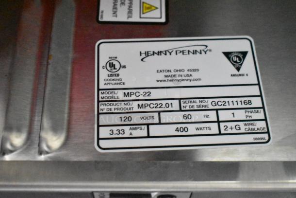 Label on Henny Penny cooking appliance model MPC-22, serial GC2111168, 120V, 60Hz, 3.33A, 400W, single phase.