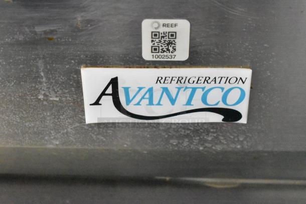 Avantco Refrigeration label on stainless steel surface, with QR code and identification number 1002537, indicating equipment details.