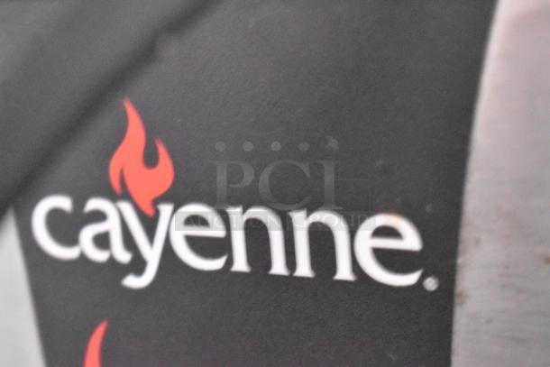 Cayenne logo with red flame on black background, part of mobile kitchen trailer equipment.