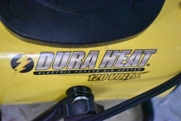 Dura Heat electric forced air heater label, 120 volts, black and yellow design.
