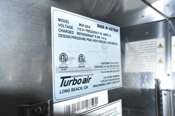 Turbo Air refrigeration label on Wendy's mobile kitchen trailer. Model: MUF-28-N, Voltage: 115V, Made in Vietnam.