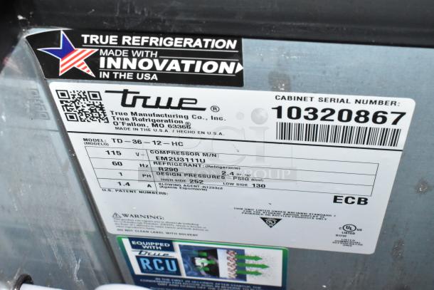 Label on True Refrigeration unit, Model TD-36-12-HC, showing specifications and serial number 10320867. Made in USA.