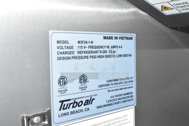 Label on Turbo Air refrigerator indicating Model: M3F24-1-N, 115V, 60Hz, R-290 refrigerant. Conforms to UL and CSA standards.