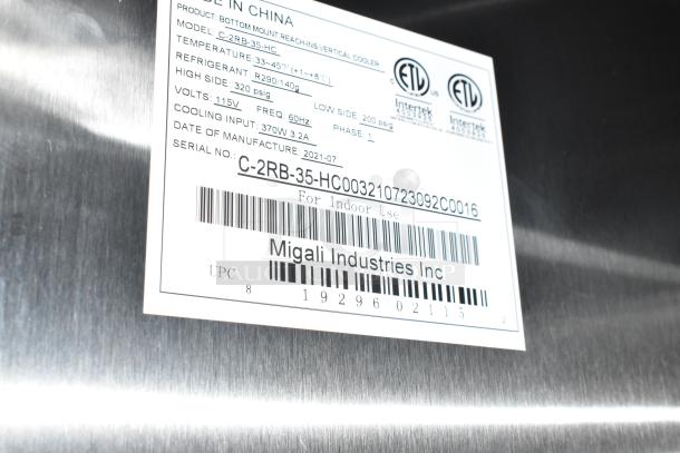 Label on refrigeration unit, model C-2RB-35-HC by Migali Industries. Shows specs: 33-45°F temp, 115V, R290 refrigerant.