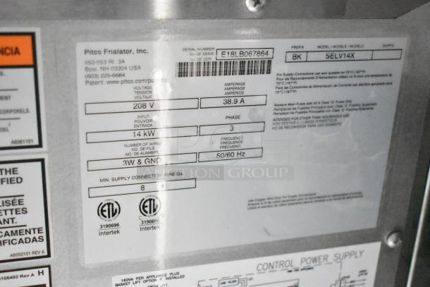 Label on commercial kitchen equipment from Pitco Frialator, Inc. Model SELV14X BK, voltage 208V, phase 3, 14kW.