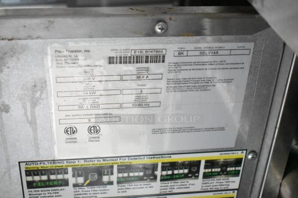 Label on commercial kitchen equipment, showing specifications: 208V, 38.9A, 14kW, 3-phase. ETL certified by Intertek.