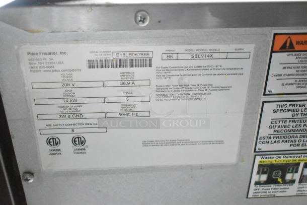 Pitco Friolator label showing model BK SELV14X, 208V, 38.9A, 14kW, 3-phase. ETL certified for safety compliance.