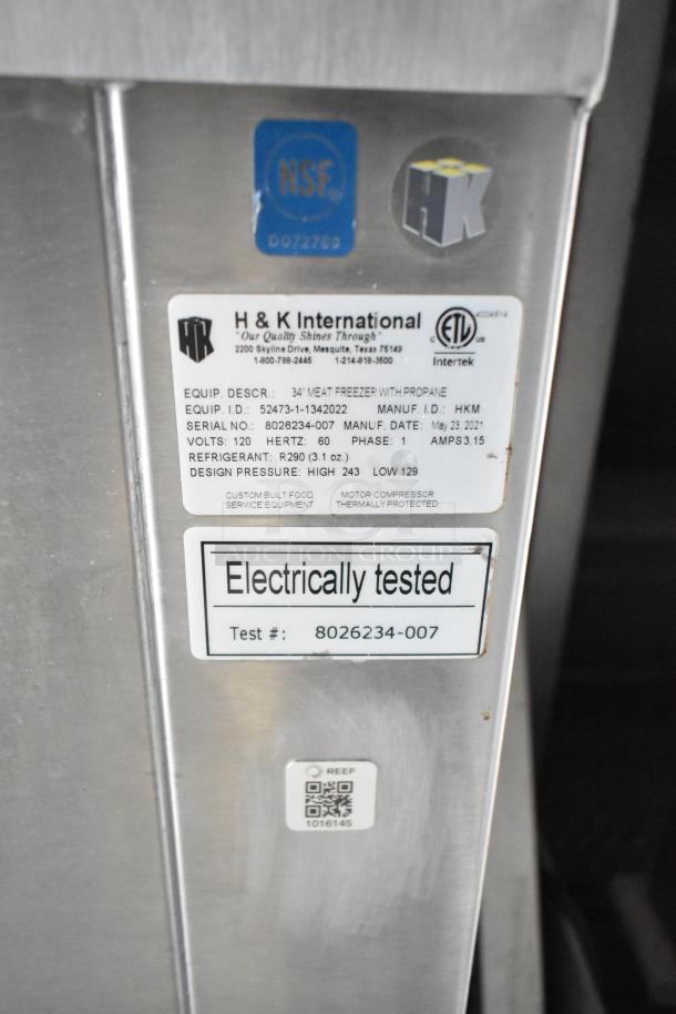H&K International meat freezer label with NSF, ETL marks, electrical testing sticker, and manufacturing details visible.