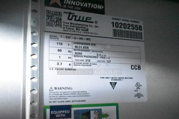 Label for True Refrigeration model T-23F-2-HC-MC in a 2021 Rock Solid Cargo 28' fast food trailer.