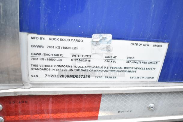 Trailer identification details for a 2021 Rock Solid Cargo 28' mobile kitchen, showing GVWR, GAWR, tire info, and VIN.