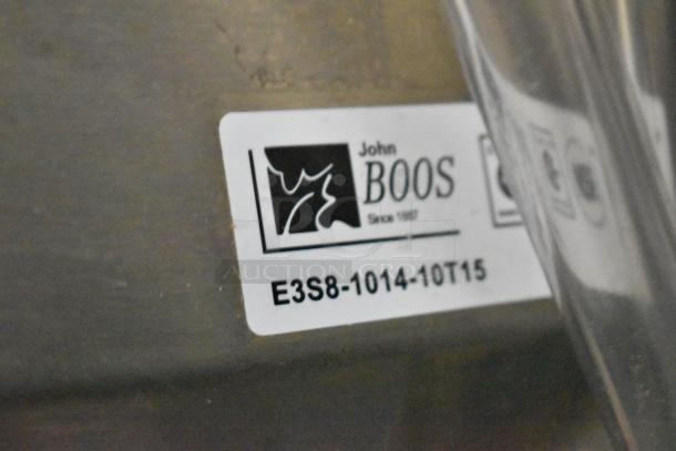 Label on an ATX food trailer showing the John Boos logo and model number E3S8-1014-10T15 for kitchen equipment.