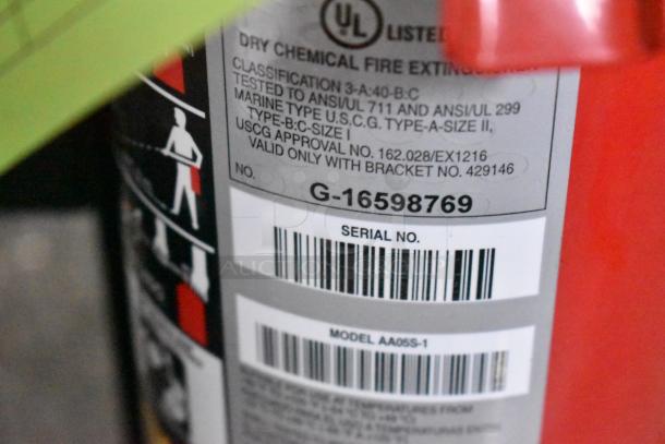 Fire extinguisher label with UL listing, classification 3-A:40-B:C, serial no. G-16598769, model AA05S-1.