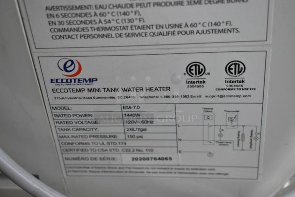 Eccotemp Mini Tank Water Heater label showing model EM-7.0, 1440W power, 120V, 7gal capacity, certifications, serial 20200704065.