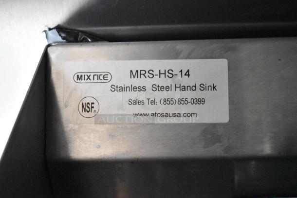 MIXRICE MRS-HS-14 stainless steel hand sink with NSF label and contact info for Atosa USA.