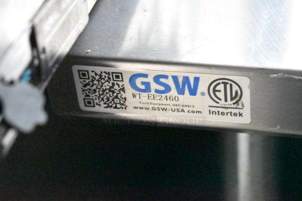 Label on a food equipment surface, displaying "GSW" and model "WT-EE2460," with NSF/ANSI certification and Intertek mark.