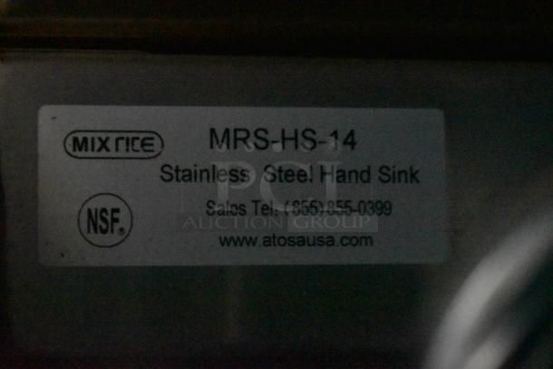 "Mix Rite MRS-HS-14 stainless steel hand sink label with NSF certification, contact info, and website URL, www.atosausa.com."