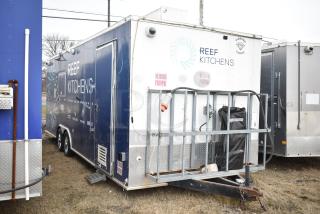 2019 Cruising Kitchens 8.5' x 24' trailer with CaptiveAire grease hood, Arctic Air prep tables, and clear title; "REEF Kitchens" branding.