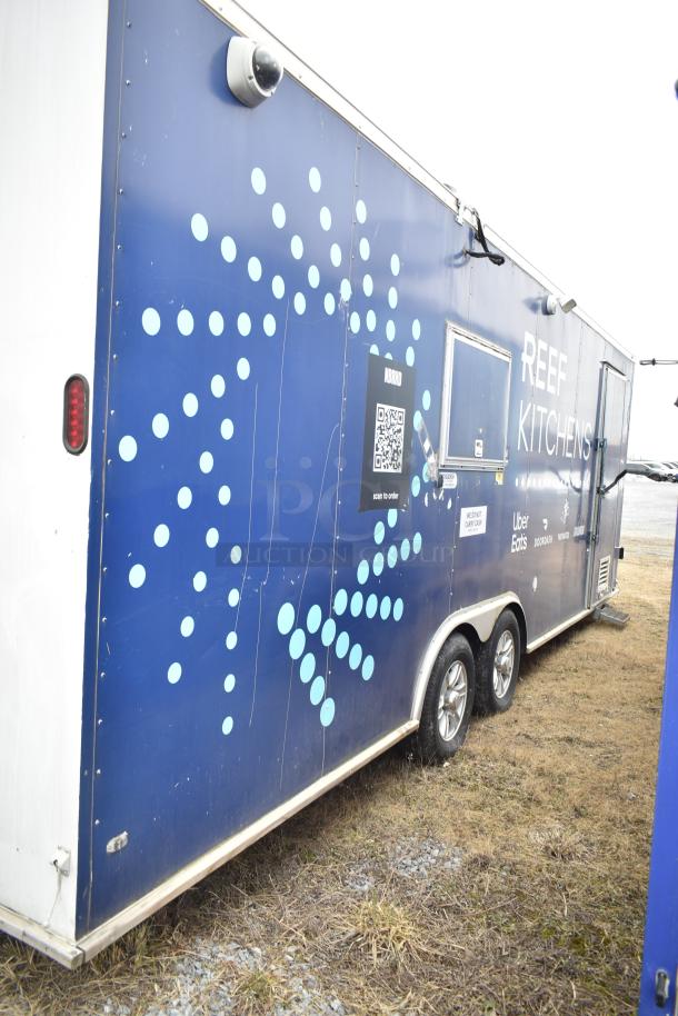 2019 Cruising Kitchens 8.5' x 24' trailer with branding, dual axle, security camera, and QR code for orders.