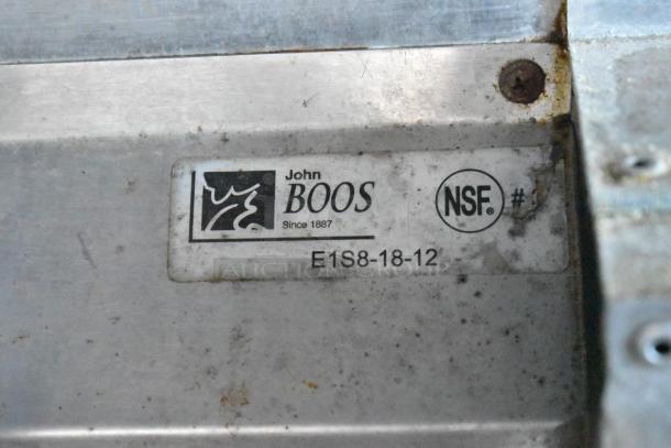John Boos stainless steel NSF certified label, model E1S8-18-12, on kitchen equipment.