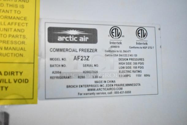 Arctic Air commercial freezer label, model AF23Z, batch A2004. Displays design pressures, electric rating, and contact info.