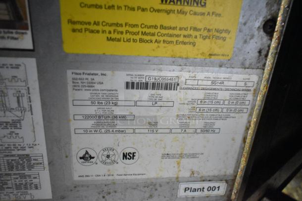 Label from Cruising Kitchens 2019 food trailer showing model SG14R, serial G19JC055451, and specs like 122000 BTUH.