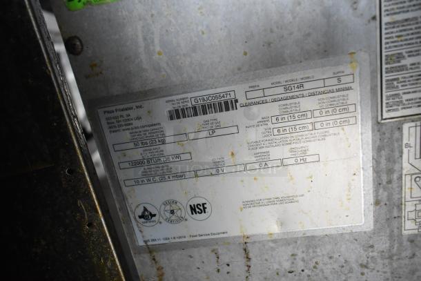 Label on Pitco Fryer, Model SG14R, showing gas type LP, 122000 BTU/h, NSF certified, suitable for combustible floors.