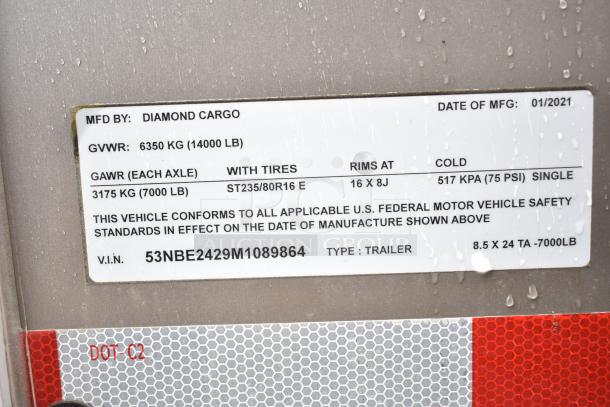 Label on Nationwide 8.5' x 24' food trailer shell by Diamond Cargo, GVWR 14,000 lbs, VIN 53NBE2429M1089864, manufactured 01/2021.