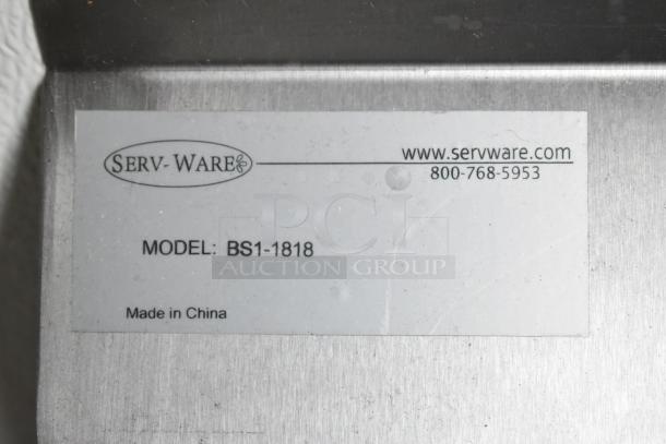 Serv-Ware label on a stainless steel surface, model BS1-1818, Made in China, with website and phone contact.