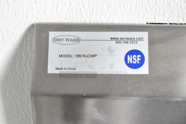Stainless steel surface with a Serv-Ware model HS15-CWP label; features NSF certification and contact info, made in China.