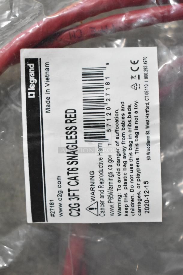 The image shows a Legrand C2G 3ft Cat6 Snagless Red network cable in packaging, with a Made in Vietnam label.