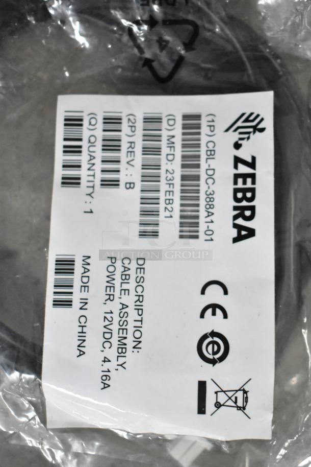 Zebra cable assembly label, model CBL-DC-388A1-01, 12VDC, 4.16A power, manufactured 23FEB21, made in China.