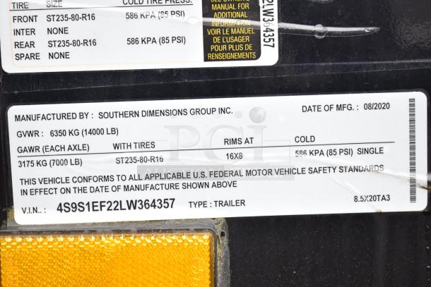 2020 SDG 8.5' x 20' food trailer shell label; GVWR 6350 kg, GAWR 3175 kg, tire size ST235-80-R16, manufactured by Southern Dimensions Group.