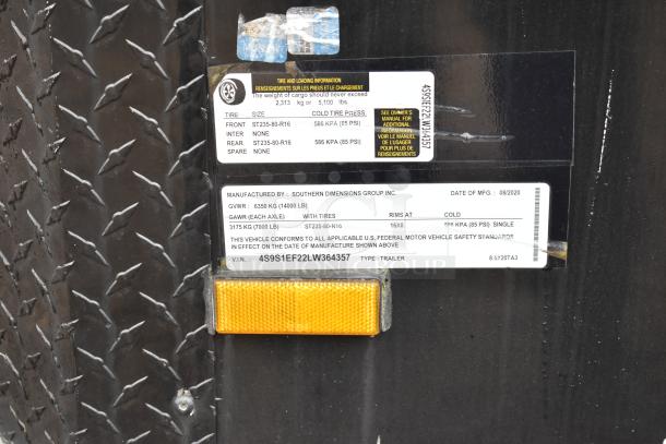 2020 SDG 8.5' x 20' Food Trailer Shell label; GVWR: 6350 kg, GAWR: 3175 kg; Clear Title; VIN: 4S9S1EF22LW364357.